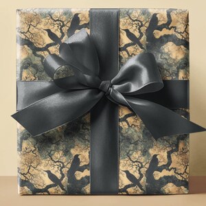Elegant Raven Tree Pattern Wrapping Paper Artistic Bird Branches Gift Wrap Natural Theme Decorative Paper Unique Woodland Design Black Crow