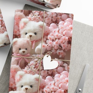 Baby Shower Wrapping Paper Cozy and Heartwarming Stuffed Toys Gift Wrapping Paper Pastel Pink Teddy Bear Flowers Pink Blooms Pretty Feminine