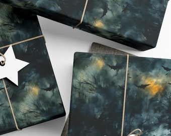 Bats in Flight Wrapping Paper Bats Majestic Silhouette Design Black and Grey Tones DnD Gift Wrap Gothic Cottagecore Paper Halloween Clouds