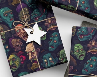 Creepy Monster Faces Wrapping Paper Cartoon Gift Wrap Green Yellow Zombie Monsters Green Man Weird Collage Creepy Strange Halloween Satanic