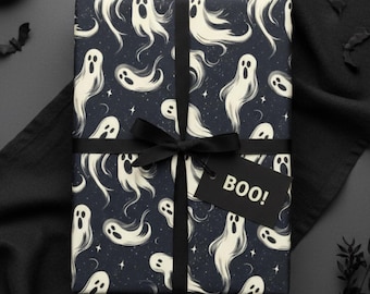 Spooky Ghost Halloween Wrapping Paper, Black Gift Wrap, Vintage Autumn Paper