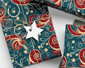 Blue Christmas Wrapping Paper Abstract Swirling Red Blue Vibrant Christmas Gift Wrap Elegant Luxury Holiday Gift Wrap Paisley Aquamarine