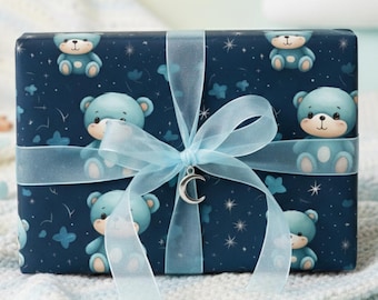 Baby Blue Bear Wrapping Paper, Celestial Gift Wrap for Newborn Shower