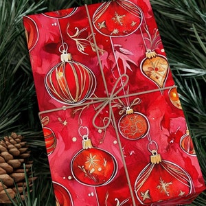 Red Christmas Wrapping Paper Holiday Ornament Gift Wrap Christmas Paper Red Gift Wrap Watercolor Elegant Wrapping Paper Xmas Gift Wrap Roll