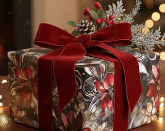 Papel de embrulho floral escuro: papel de presente elegante com poinsétia