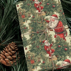 Classic Vintage Santa Claus Gift Wrapping Paper Jolly Santa Claus Wrapping Paper Decorated Christmas Tree Vintage Wrapping Paper Santa Claus