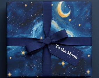 Navy Night Sky Wrapping Paper: Blue Moon & Stars Gift Wrap, Celestial Dreams