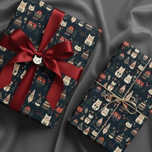 Christmas Cats Dark Feline Gift Wrapping Paper Cats Tree Pattern Black Cat Red Dark Colors Meowy Christmas Cat Wrapping Paper Cat Lover Gift