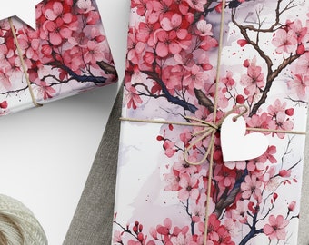 Cherry Blossom Wrapping Paper Pink Sakura Tree Floral Gift Wrap Spring Bloom Floral Watercolor Japanese Paper Tree Branch Pink and White