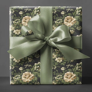 Green and Black Floral Wrapping Paper Gorgeous Floral Fantasy Stunning White Flower Carnation Green Floral Paper Formal Gift Wrap Paper Roll
