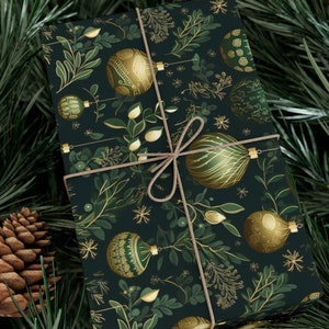 Christmas Wrapping Paper Forest Green Gift Wrap Roll Holiday Ornament Green Gold Pattern Elegant Gift Wrap Intricate Sage Wrap Luxury