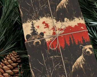 Rustiek inpakpapier met bruine beer: cadeaupapier met bos- en natuurthema, ideaal als cadeau voor kamperen in de wildernis.