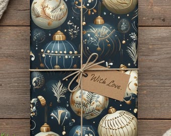 Elegant Gold & Blue Christmas Ornament Wrapping Paper