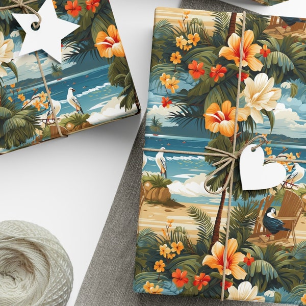 Tropical Paradise Wrapping Paper Exotic Beach Gift Wrap Floral Island Paper Palm Tree Summer Gift Wrap Beach Party Paper Seagull Hibiscus