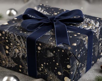 Marineblauwe kerstcadeauverpakking, gouden en witte winterbomen