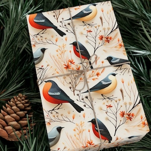 Bird Gift Wrapping Dark Vibrant Bird Garden Black Wrapping Paper Roll  Orange Gray Birds Colorful Flowers Dark Hues Bird Lover Gift Wrap Roll 