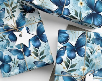 Blue Butterfly Wrapping Paper Floral White Blue Butterflies Gift Wrap White Flowers Tranquil Beautiful Design Delightful Blue Wrapping Paper