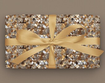 Metallic Mosaic Abstract Design Wrapping Paper Symmetrical Mosaic Pattern Beige Gold Earth Tones Gift Wrap Roll Metallic Color Formal Silver