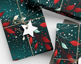 Abstract Floral Wrapping Paper Christmas Polka Dot Vibrant Red White Ivy Holiday Gift Wrap Teal Unique Print Bright Cool Christmas Wrapping