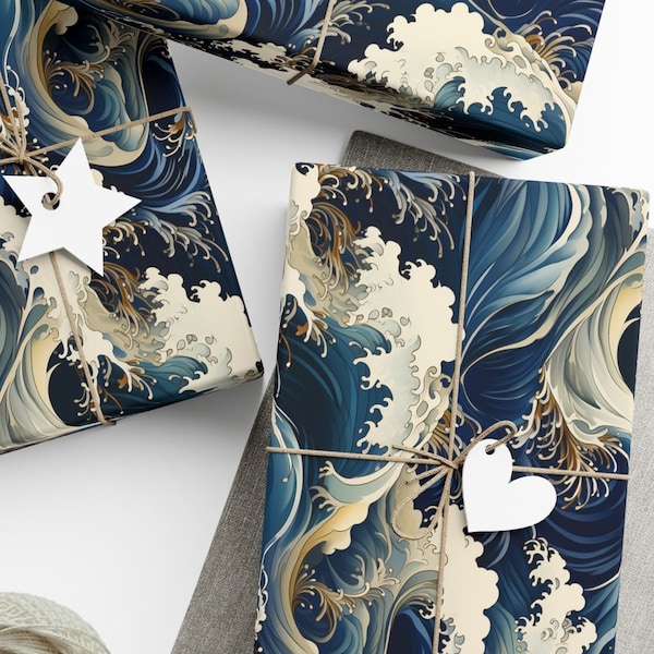 Waves Wrapping Paper Ocean Japanese Art Water Tropical Gift Wrap Vacation Gift Blue Sea Water Ocean  Sailing Wrapping Paper Nautical Gift