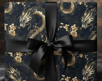 Golden Dragon Wrapping Paper: Asian Inspired Black and Gold Gift Wrap