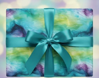 Abstract Tie Dyed Wrapping Paper: Abstract Watercolor Turquoise Gift Wrap, Blue, Purple & Green