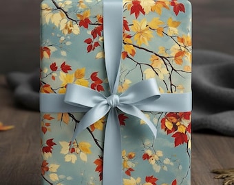 Papel de regalo con hojas de otoño: ramas rústicas de otoño, rollo de papel de regalo azul bebé