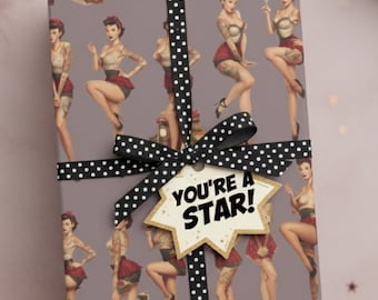 Retro Pin-up Girl Tattoo Wrapping Paper: Vintage Style Gift Wrap Sheets
