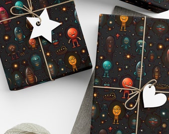 Cute Alien UFO Gift Wrap Colorful Characters Wrapping Paper Bold Robots Space Travel Outer Space Rocket Ships Fun and Cheerful Presents