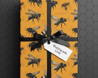 Vintage Honeybee Illustration Wrapping Paper: Golden Yellow Gift Wrap, Entomology Paper