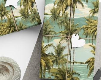 Tropical Beach Palm Tree Wrapping Paper Blue Sky Ocean Water Gift Wrap Green Vacation Seaside Gift Wrap Tropical Holiday Summer Gift Beach