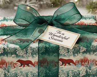 Vintage Winter Bear Christmas Wrapping Paper: Forest Landscape