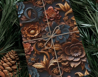 Carved Woodcut Flower Wrapping Paper Delicate Floral Design Wood Stain Brown and Black Tones Unique Gift Wrap Woodworking Fall