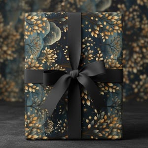 Black Wrapping Paper, Dark Blue Gold Starry Forest Gift Wrap, Elegant Nature Design