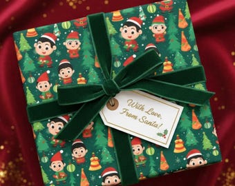 Papier cadeau lutin de Noël : Papier cadeau vert pour enfants