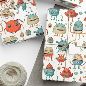 Playful Monster Alien Wrapping Paper Vibrant Cartoon Gift Wrap w Friendly Monsters UFO Space Travel Outer Space Kids Birthday Wrap
