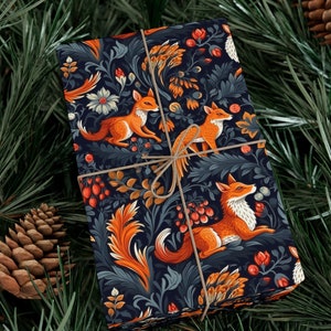 Wrapping Paper Vibrant Orange and Navy Foxes and Flowers Gift Wrapping Paper Unique Gift Wrap Bright Contrast Fall Design Autumn Fox Paper