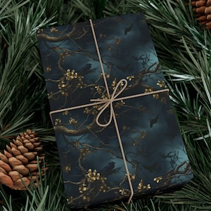 Majestic Ravens Gift Wrapping Paper Hand Drawn Birds Forest Inspired Design Thick Paper Gift Wrap Black Perfect for Any Occasion Dark Winter