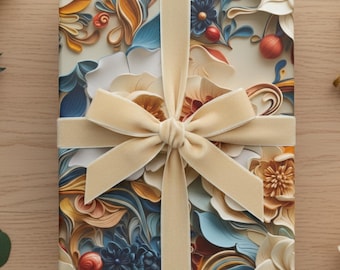 Papier cadeau floral en relief : Papier cadeau botanique crème et turquoise