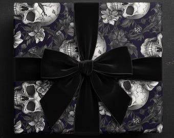 Skull Flower Gift Wrapping Paper: Black and White Halloween Skeleton