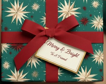 May include: A festive gift box wrapped in teal paper with a starburst pattern, tied with a red ribbon and bow. A tag reads "Merry & Bright To A Friend". Champagne flutes and gold baubles are arranged around the gift, creating a holiday scene.