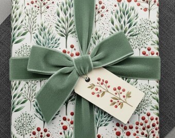 Watercolor Christmas Wrapping Paper: Green Tree, Red Berry Design