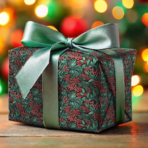 Luxury Floral Christmas Wrapping Paper Beautiful Dark Royal Red Floral Pattern Green Leaf Holiday Gift Wrapping Paper Roll Elegant Classic