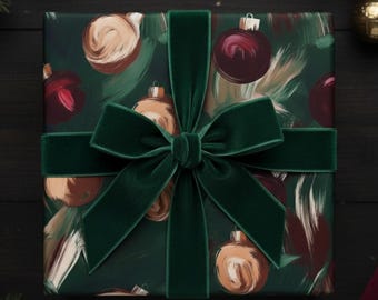Abstract Ornament Christmas Wrapping Paper: Green, Red & Gold Brush Stroke Gift Wrap Roll