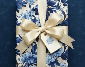 Blue Floral Wedding Gift Wrap, Elegant Flower Pattern