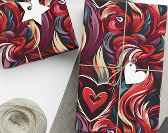 Art abstrait coeur papier cadeau Saint Valentin rouge motif tourbillon noir emballage cadeau romantique violet énergie dynamique mouvement anniversaire rouleau de papier
