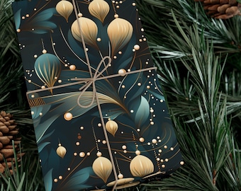 Great Gatsby Art Deco Gift Wrapping Paper Dark Elegant Forest Teal Floral Pattern Vibrant Gold and Green Colors Roaring 20s Sophisticated