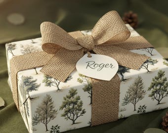 Watercolor Tree Wrapping Paper: Evergreen Forest Gift Wrap, Green & Beige Woodland Paper
