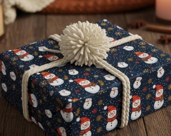 May include: A Christmas gift wrapped in navy blue paper decorated with snowmen in red hats and scarves. The gift is tied with cream-coloured rope and a large pom-pom. The gift sits on a wooden surface, with candles and cinnamon sticks nearby.