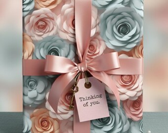 Papier cadeau à motifs floraux rose pastel : Papier cadeau romantique rose poudré, bleu sarcelle et pêche